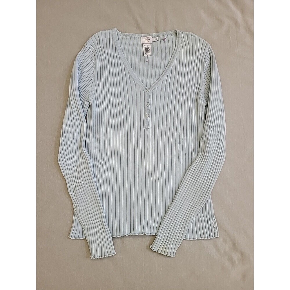 Calvin Klein Classic V-Neck Pullover Sweater with Ruffle Edging Blue Womens Lg